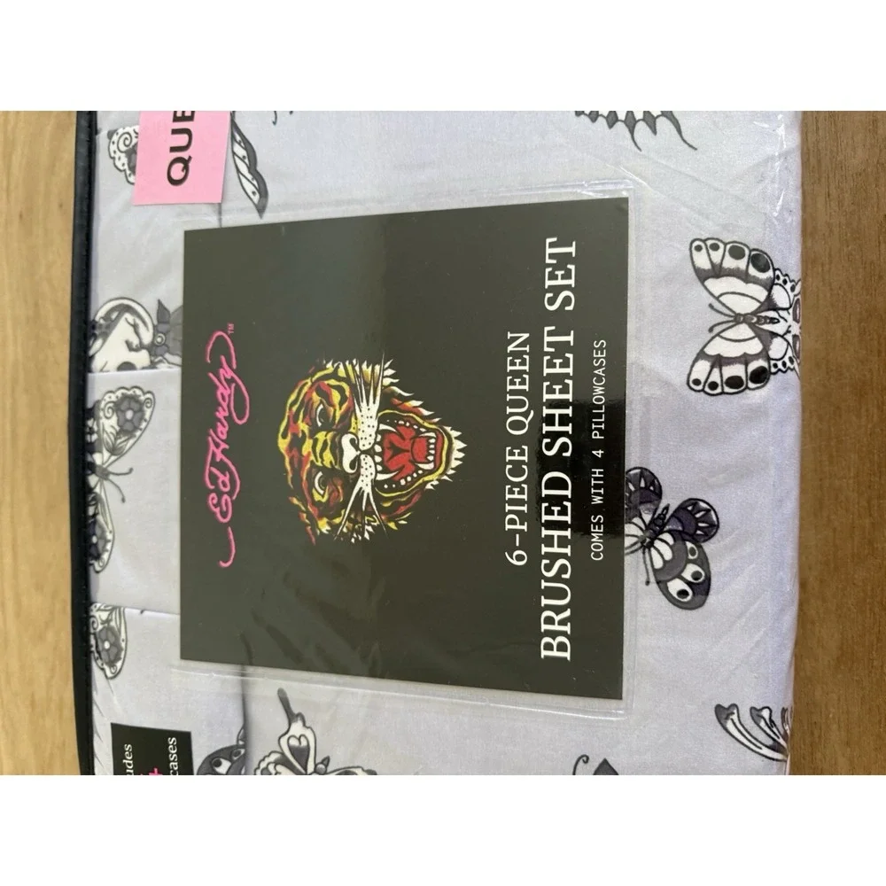 Ed Hardy Queen 6 Piece Double Brushed Sheet Set Lavender Gray Butterfly NWT